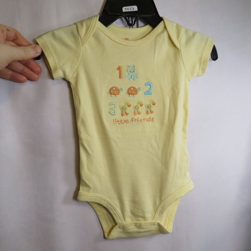Baby Adding Little Friends Yellow Embroidered bodysuit 100% cotton pond animals